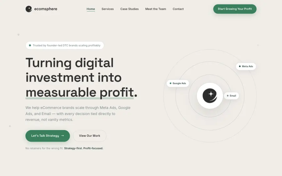 Ecomsphere preview, desktop: headline Turning digital investment into measurable profit, beside an orbit diagram.