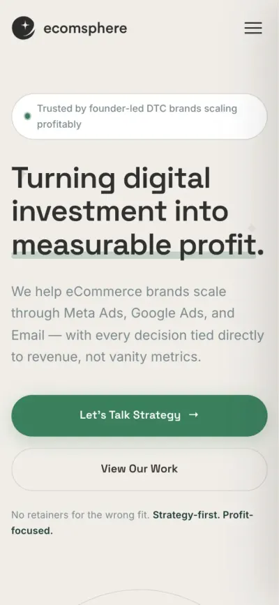 Ecomsphere preview on a phone: the same headline with two buttons.