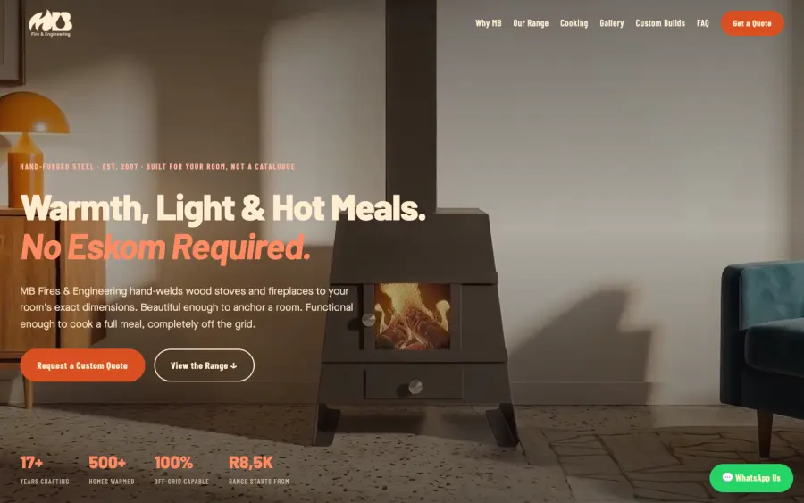MB Fires and Engineering preview, desktop: headline Warmth, Light and Hot Meals. No Eskom Required, over a wood stove.