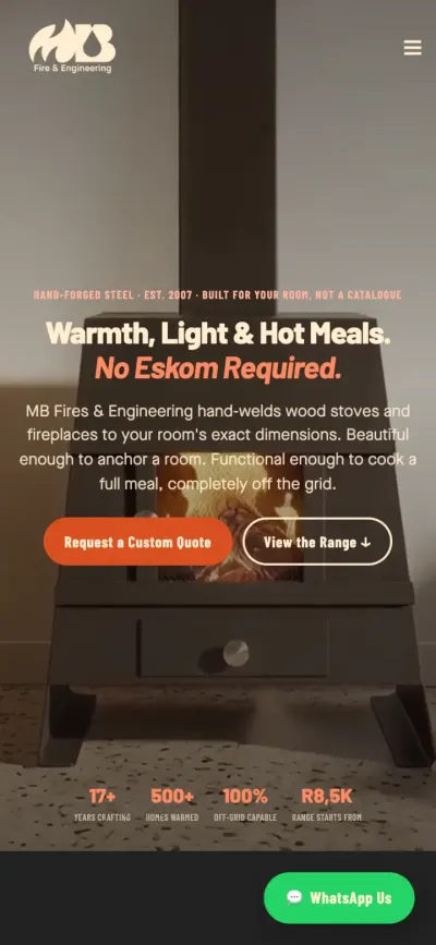 MB Fires and Engineering preview on a phone: the same headline with quote buttons.