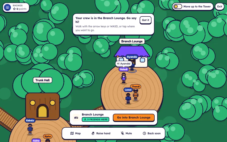 Squires House demo on desktop: a top-down illustrated treehouse world with paths, rooms and pupils.